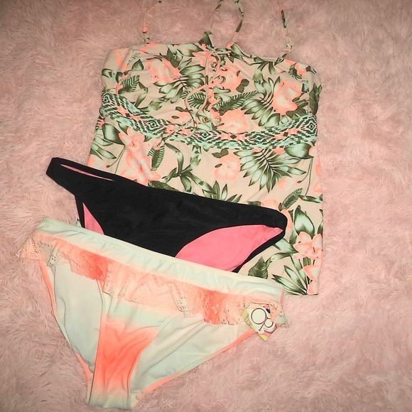3 PC SWIMSUIT BIKINI FLORAL HALTER TOP TANKINI OP TIME AND TRU-WOMENS SIZE XL - Picture 3 of 8